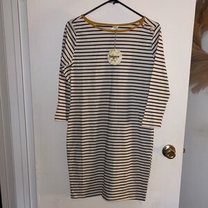 Hayden Black & White Striped Long Sleeve Shift Dress with Mustard Trim